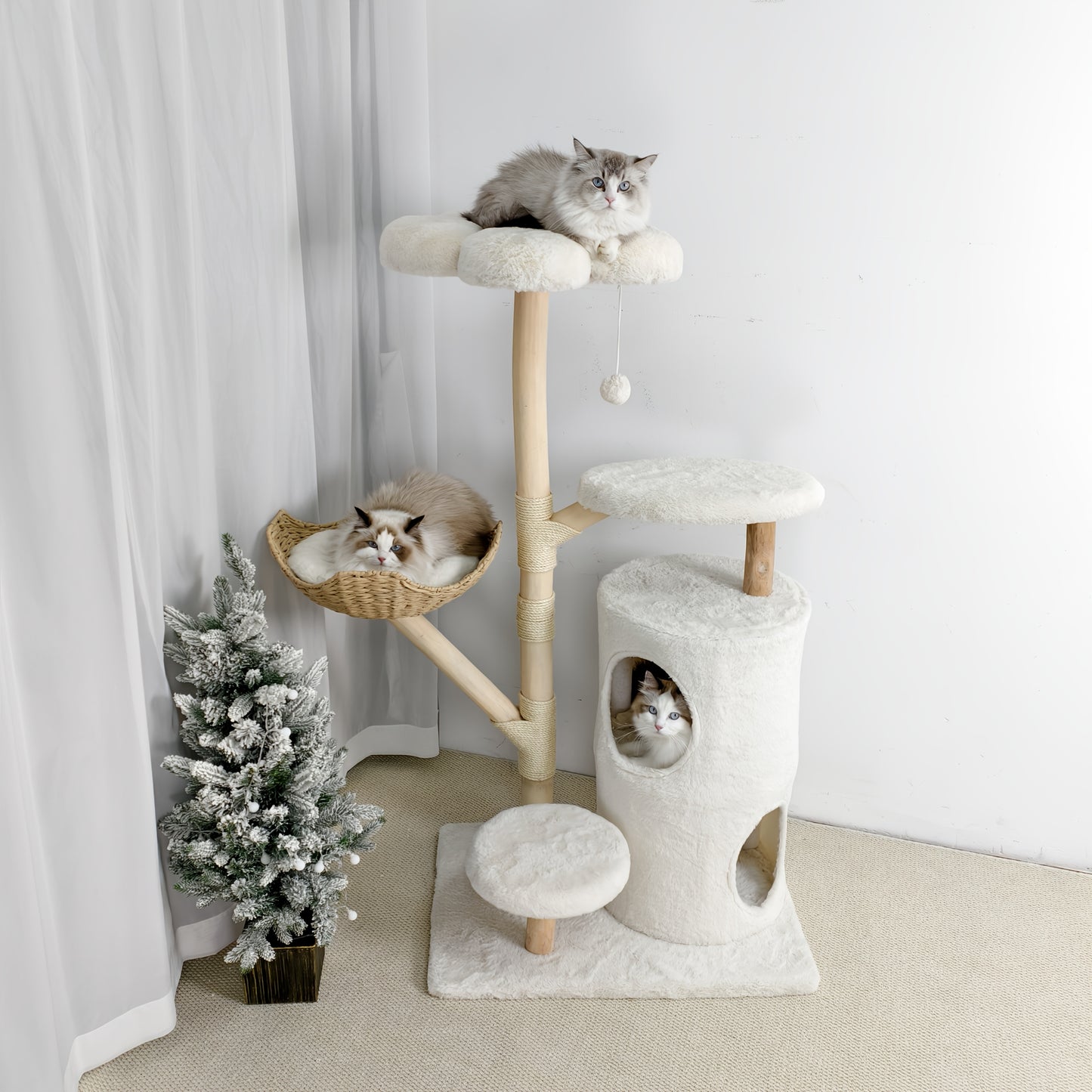 Kattenkrabpaal – Krabmeubel – Kattenboom – Krabtoren – Kattenhuis – 142 cm Hoog – Stevig Hout En Soft-Touch Textiel
