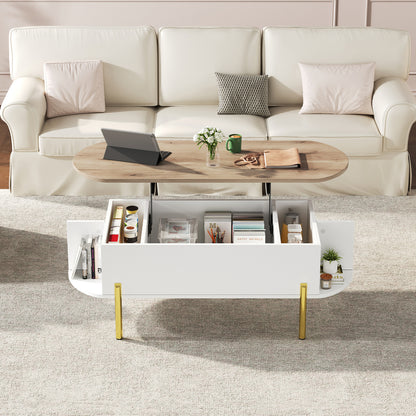 Salontafel – Koffietafel – Bijzettafel – Woonkamertafel – Verstelbare Tafel – Verstelbaar Hoogte – Uitbreidbaar Tafelblad – 7 Opbergrekken – Wit/Geel Metalen Frame
