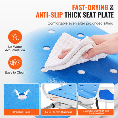 Douchekruk – Douchezitje – Badkruk – Badstoel – Badtransferbank – 360° Draaibare Zitting – Verstelbare Hoogte 52,5-69 cm – Draagvermogen 180 kg – Antislip Pootjes – Zijwaartse Schuiffunctie