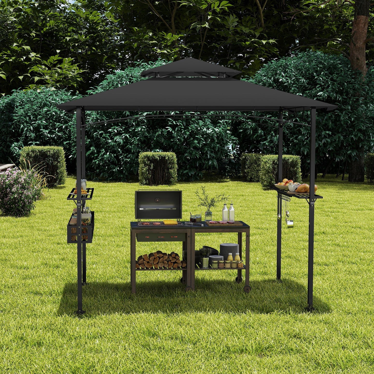 BBQ Overkapping – BBQ Paviljoen – Tuinpaviljoen – Barbecue Tent – Tuinoverkapping – Beige Zwart – Stevig Metaal Frame – Water- en UV-bestendig Doek – 244x138x250 cm