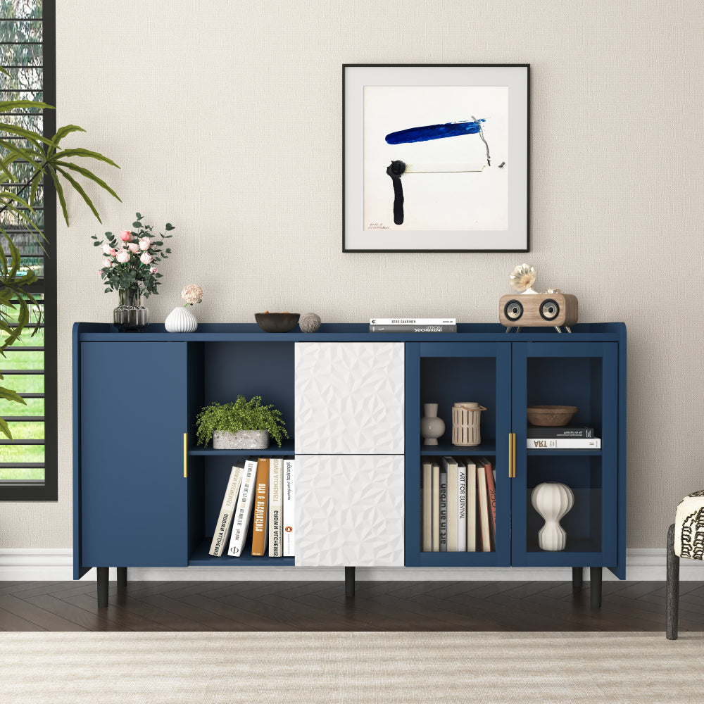 Mobiele Dispenser – Koffiebar – Koffiekast – Barwagen – Opbergmeubel – Blauw – 140 cm Hoog – Hardhout Met Metaal