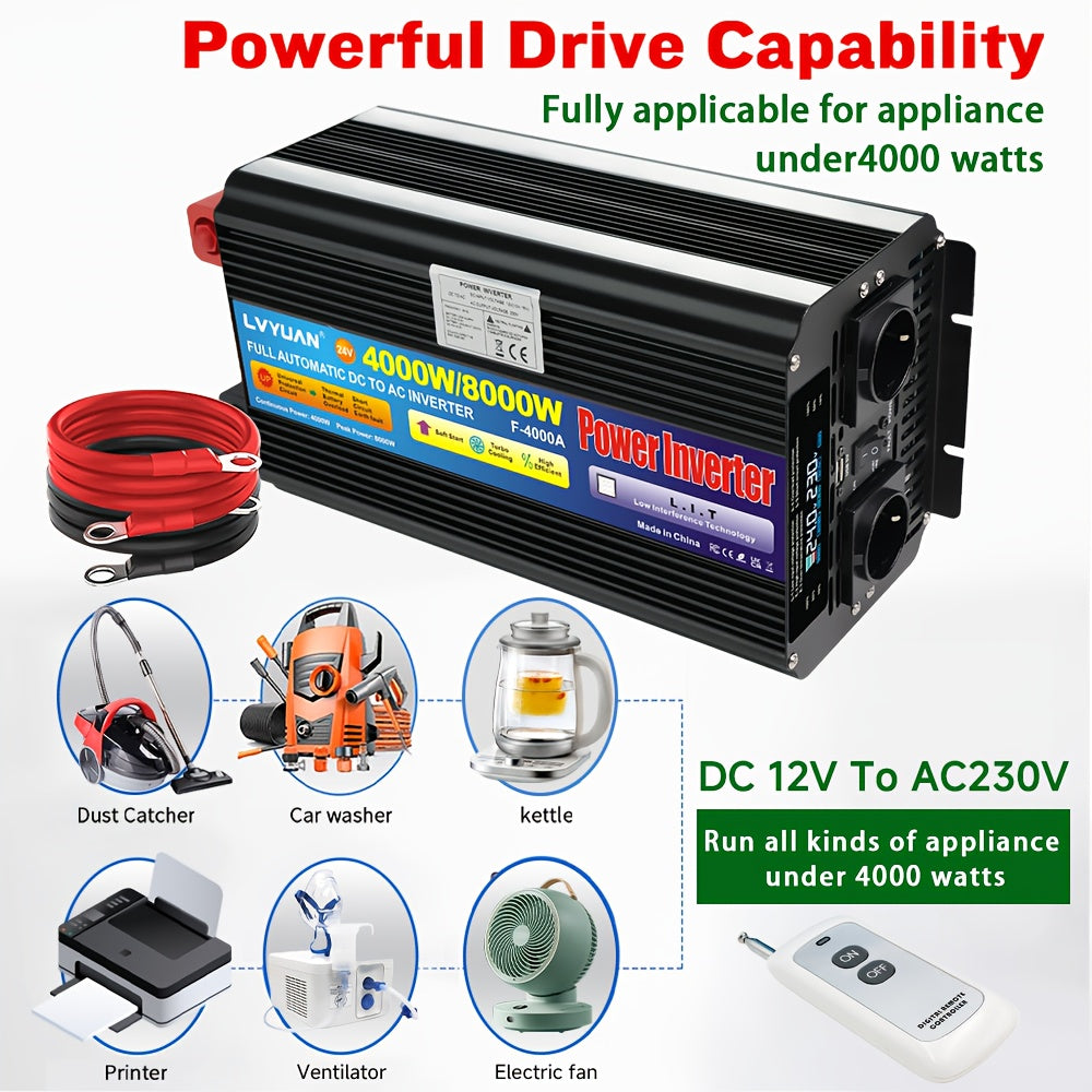 Stroomomvormer – Spanningsomvormer – Omvormer – Inverter – Converter – 24V naar 220V – 4000W Continu Vermogen – LCD Display en Draadloze Afstandsbediening