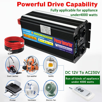 Stroomomvormer – Spanningsomvormer – Omvormer – Inverter – Converter – 24V naar 220V – 4000W Continu Vermogen – LCD Display en Draadloze Afstandsbediening