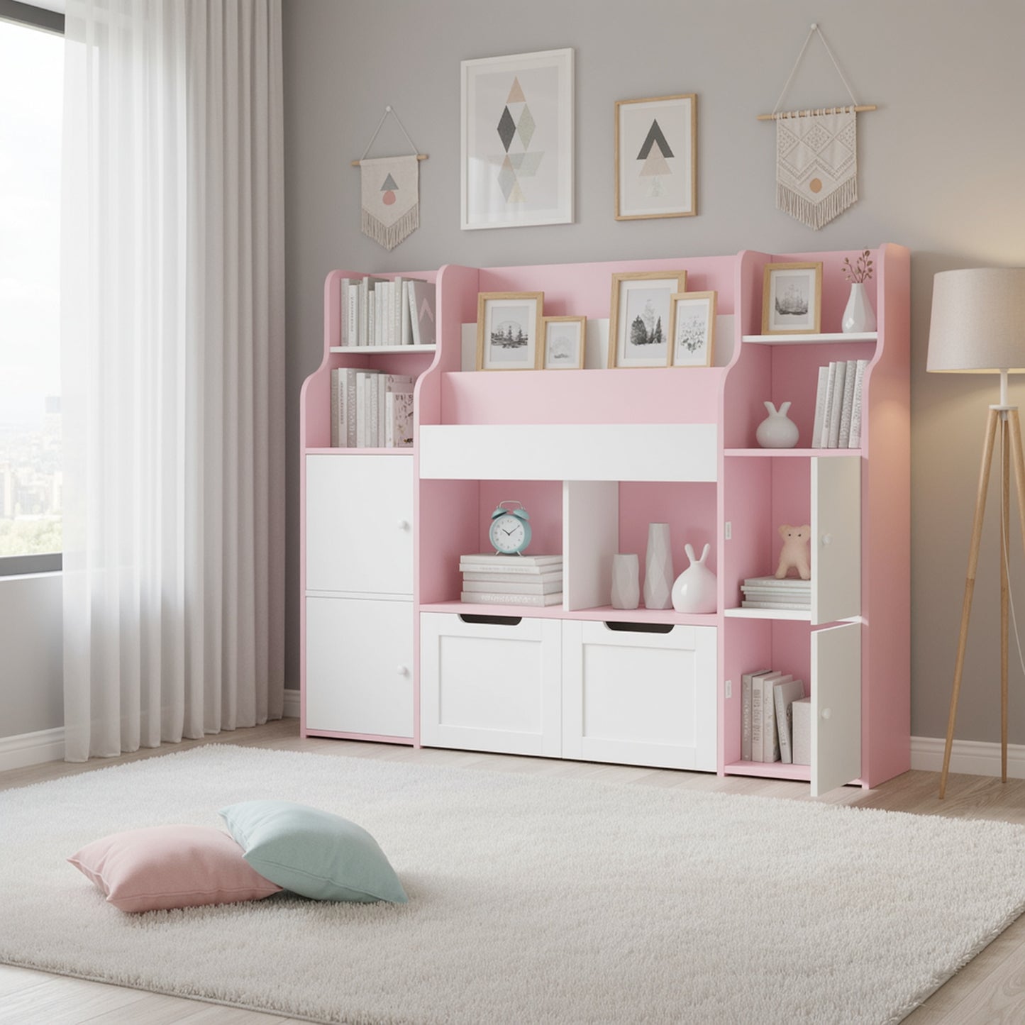 Kast – Ladekast – Boekenkast – Opbergkast – Opbergmeubel – Roze-Witte Houten Kast – Ruime Indeling – Eenvoudige Montage