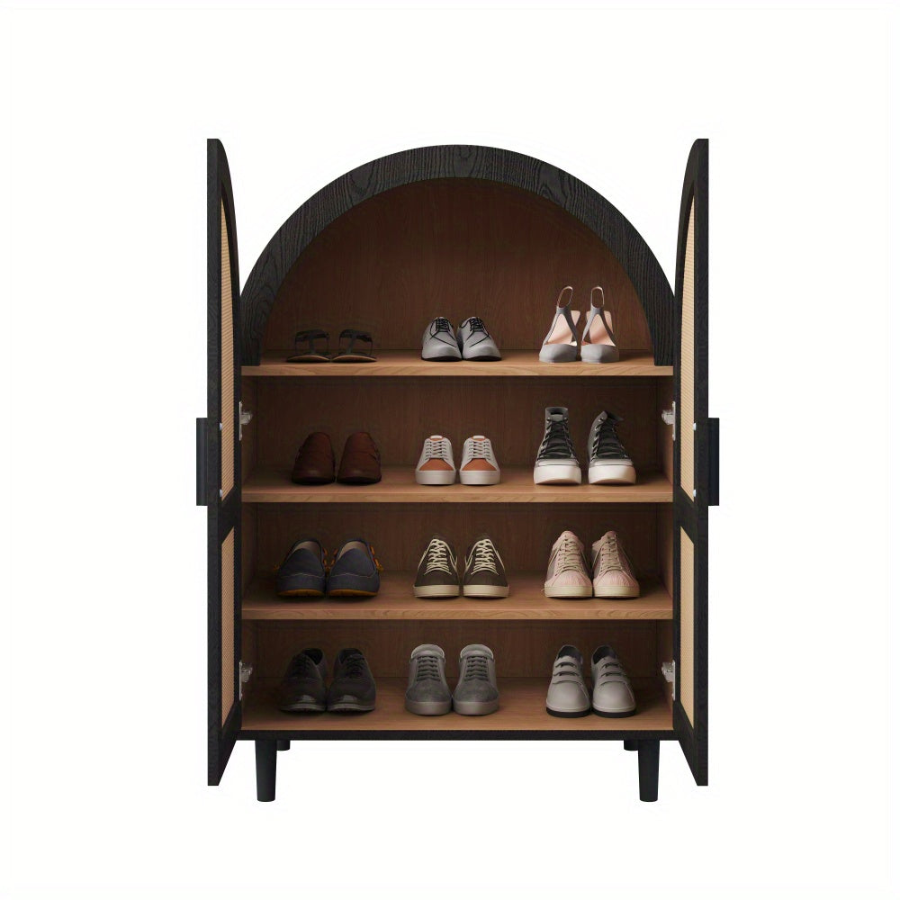 Modern Schoenkast‑Opbergmeubel met Hol‑Wicker Deuren – 3‑Lagen Opslag, Vrijstaand voor Hal, Woonkamer of Gangruimte, Ruimtebesparend Design