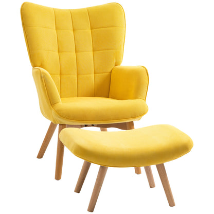 Fauteuil – Armstoel – Lounge Chair – Relaxstoel – TV Stoel – Gele Bekleding – Houten Poten – Inclusief Voetenbank – Comfortabele Zitting