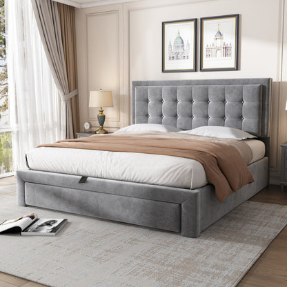 Padded Bed 140190 with Slatted Box Spring And Headboard Storage Bed Hydraulic Padded Double Bed with 2 Drawers Support for Gray Velvet Wood