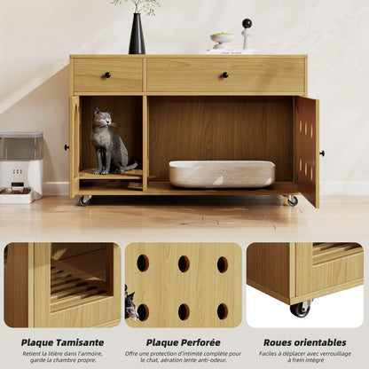 Modern White/ Brown Pet-Friendly Cat House & Storage Cabinet with Removable Odor-Proof Litter Tray - Multi-Functional Hallway Furniture, 39”W x 18”D x 26”H (100x45x66cm) Metal-Free Assembly-Centric Design for Cat Litter