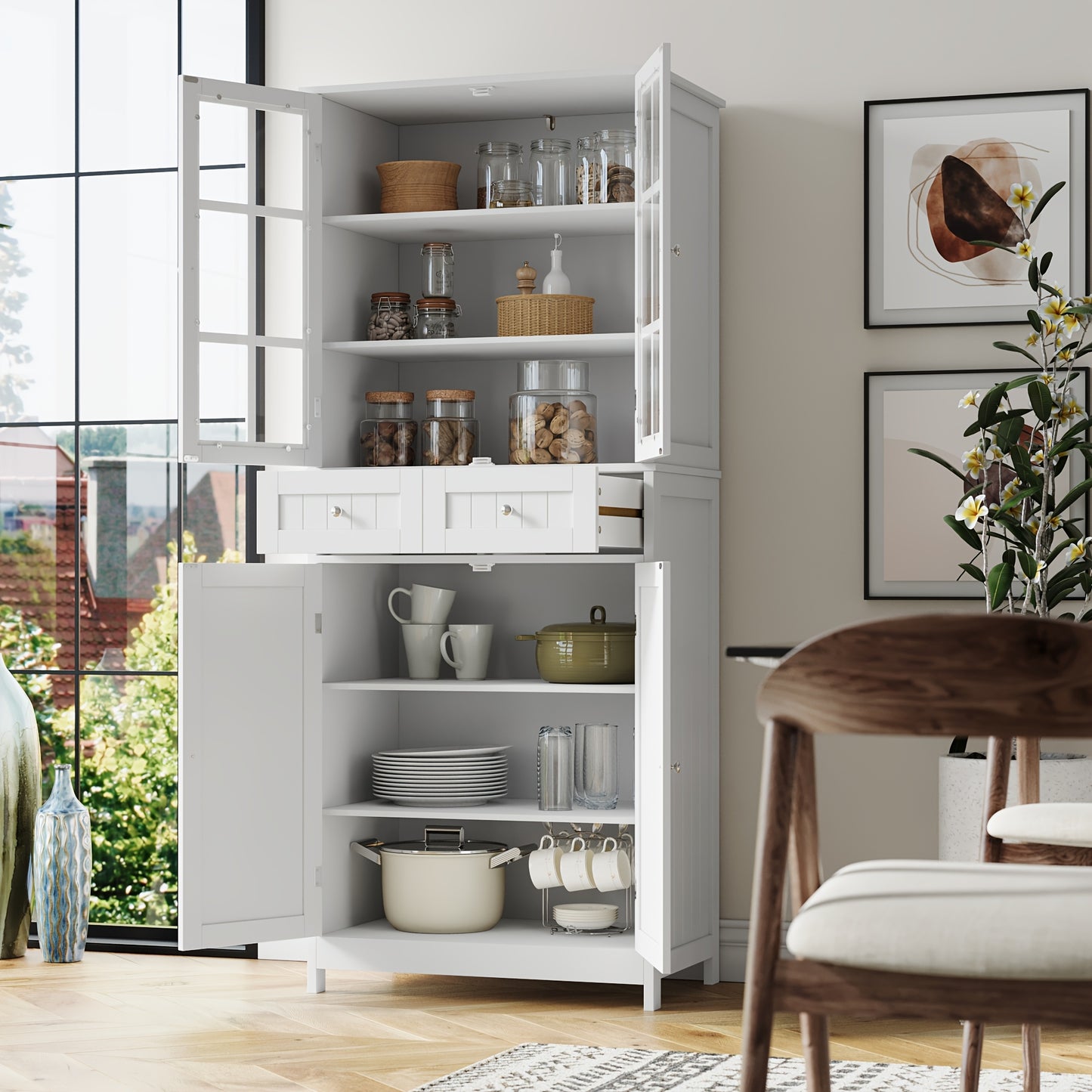 Keukenkast – Voorraadkast – Opbergkast – Buffetkast – Keukenmeubel – 181 cm Hoog – MDF Hout Wit Met Glazen Deurtjes