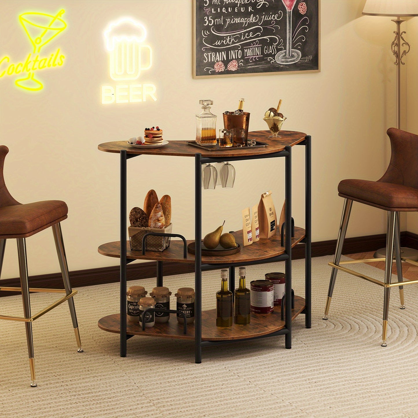 3-Laagse Barunit – Thuisbar – Drinkkast – Mini Bar – Barmeubel – Industrieel Design – Stevig Metalen Frame – Duurzaam Houten Tafelblad – Bruin