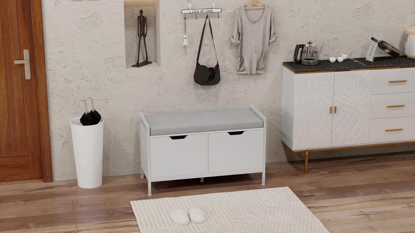 Schoenenkast – Schoenenbank – Schoenenrek – Opbergbank – Halmeubel – Wit – 2 Deuren – Comfortabel Zitkussen