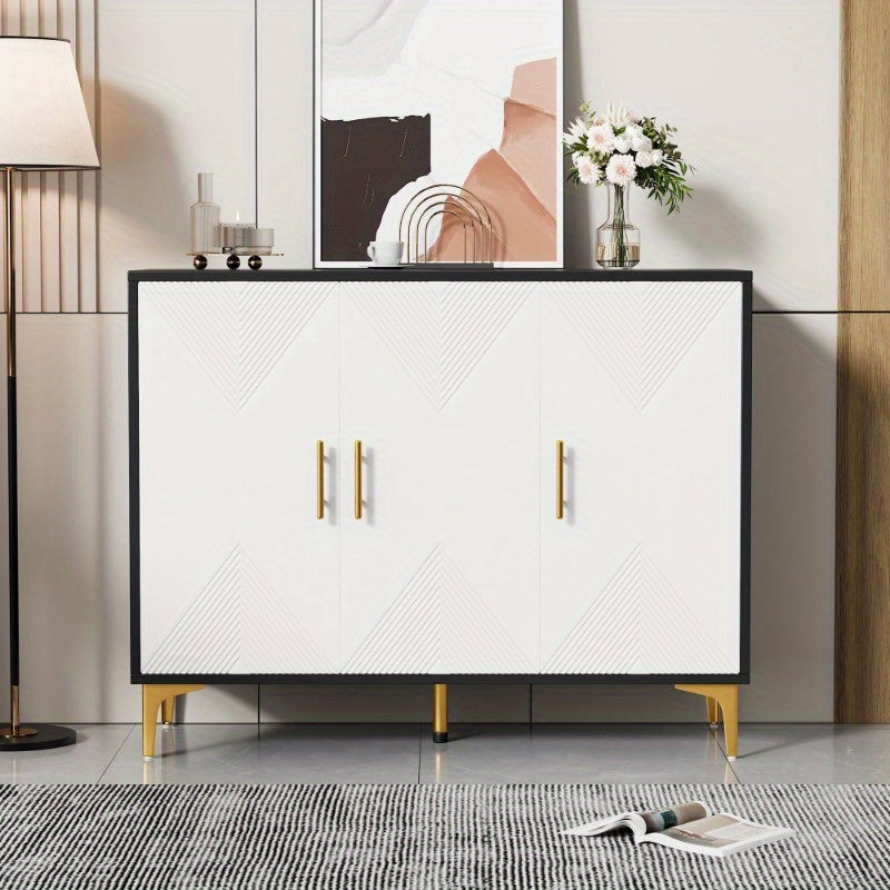 Modern Metallic Sideboard Cabinet - Elegant White & Golden Accent Storage with Doors, Non-Wood Furniture for Living Room, Bedroom, Dining Room - Easy Assembly Required, Preppy Room Decor, Bedroom Organizer, Classic Striped Do