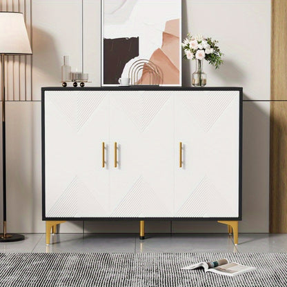 Modern Metallic Sideboard Cabinet - Elegant White & Golden Accent Storage with Doors, Non-Wood Furniture for Living Room, Bedroom, Dining Room - Easy Assembly Required, Preppy Room Decor, Bedroom Organizer, Classic Striped Do