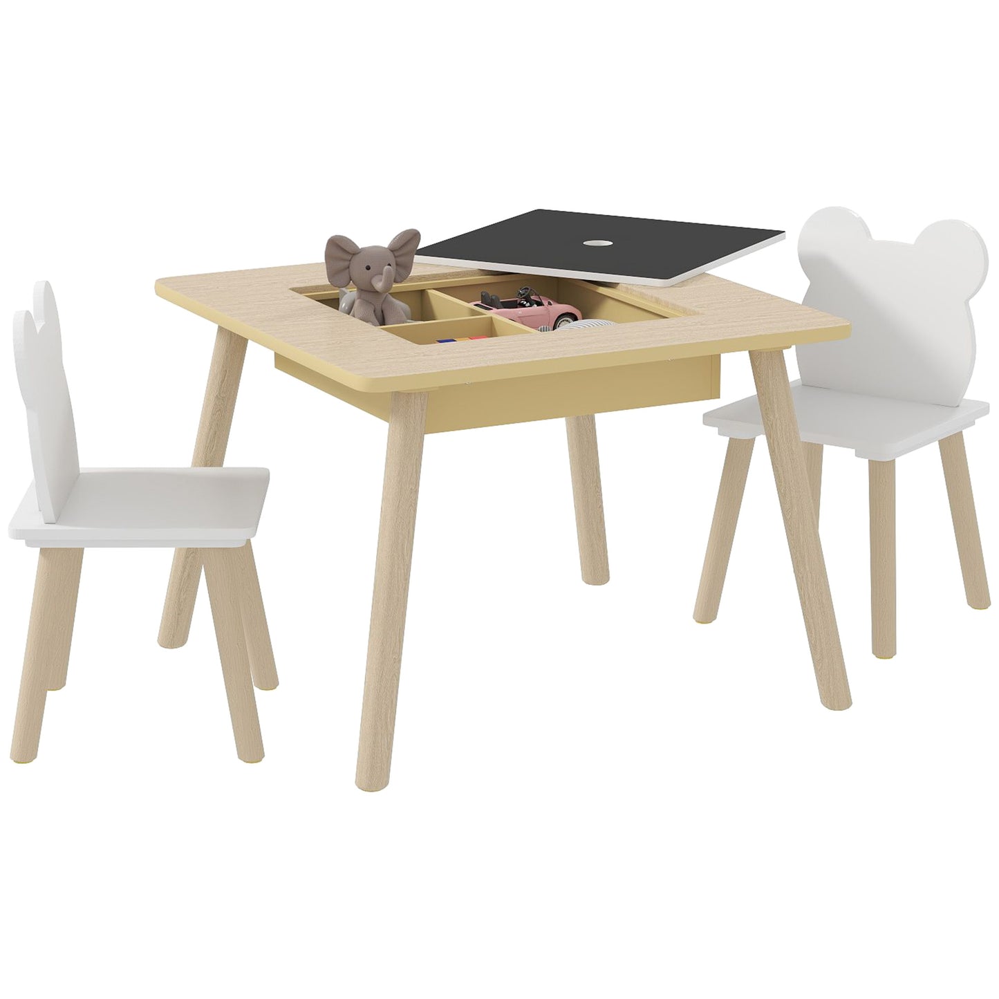 Speelmeubel Kindermeubel Tafelset Kinderstoel Tafel Voor Kinderen – Natuurlijke Houtlook – Krijtbord Reversibel Tafelblad – Handige Opbergruimte