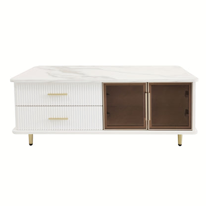 Salontafel – Koffietafel – Bijzettafel – Lounge Tafel – Woonkamertafel – Marmerprint Tafelblad – Gouden Accenten – Opberglades met Golvend Patroon – Getemperd Glas – Hoogwaardig Spaanplaat