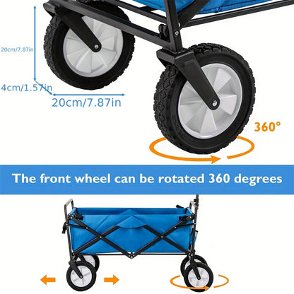 Bolderkar – Bolderwagen – Opvouwbare Handkar – Strandkar – Tuinkar – 360° Draaibare Voorwielen – Verstelbare Handgreep – Blauw – Met Bekerhouder En Zijvak