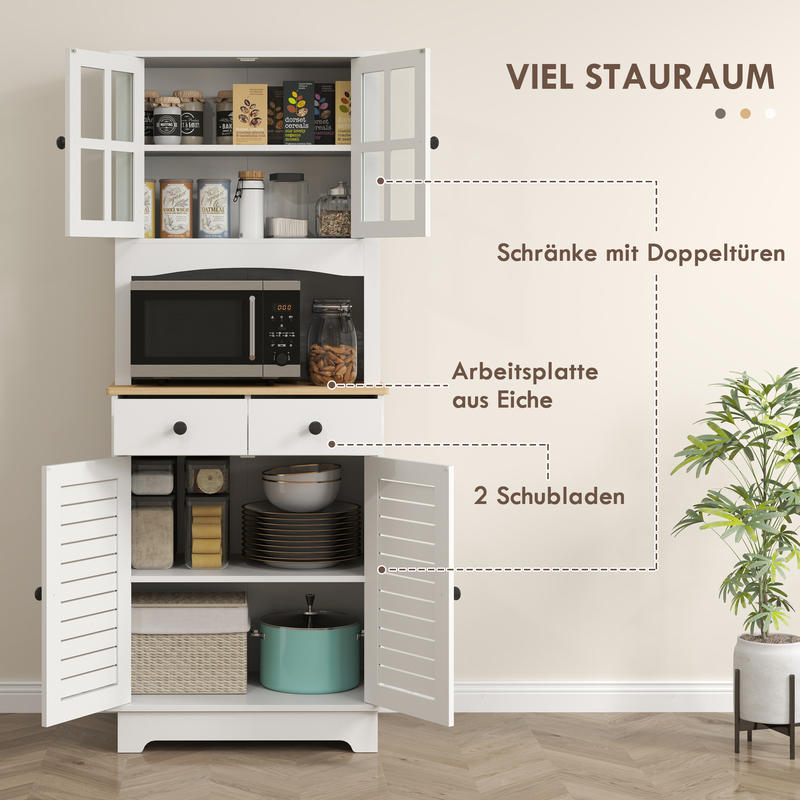 Keukenkastje – Voorraadkast – Opbergkast – Buffetkast – Dressoir – Modern Wit – Glazen Deuren – 2 Lade – Slotfunctie – Duurzaam MDF – Vrijstaand – 68x39,5x170 cm