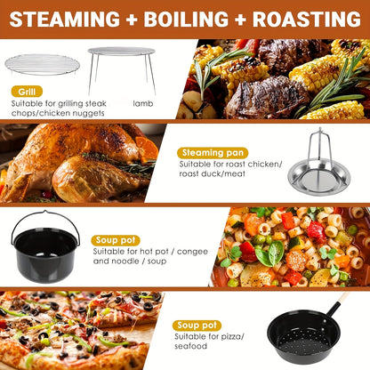 Gourmetstel – Raclette – Gourmetset – Fondue – Tafelgrill – Buitenoven met 17L + 8L geëmailleerde pannen – Ingebouwde thermometer & verstelbare ventilatie