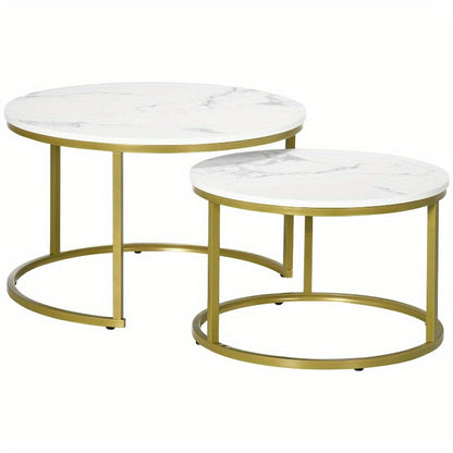 Ronde Bijzettafel – Salontafel – Eettafel – Accenttafel – Tafeltje – Stalen Frame – Marmerlook Wit – 30kg Draagkracht – Stapelbaar 2-delig Set