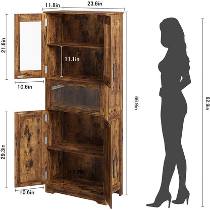 Large Storage Cabinet with Glass Doors | Tall Hardwood Cabinet with Drawers and Shelves, Modern Style, Floor Mount, Brown, Retro Double Door for Hallway and Bedroom
