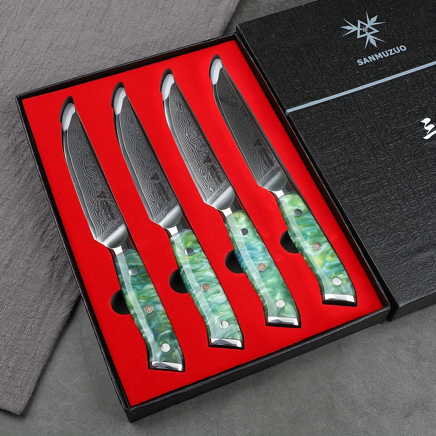 Steakmessen – Vleesmessen – Keukenmessen – Messenset – Vleesmes – Damaststaal – Kunstjade Handvat Groen – 12,7 cm Lemmet – Ultra Scherp Zonder Kartels