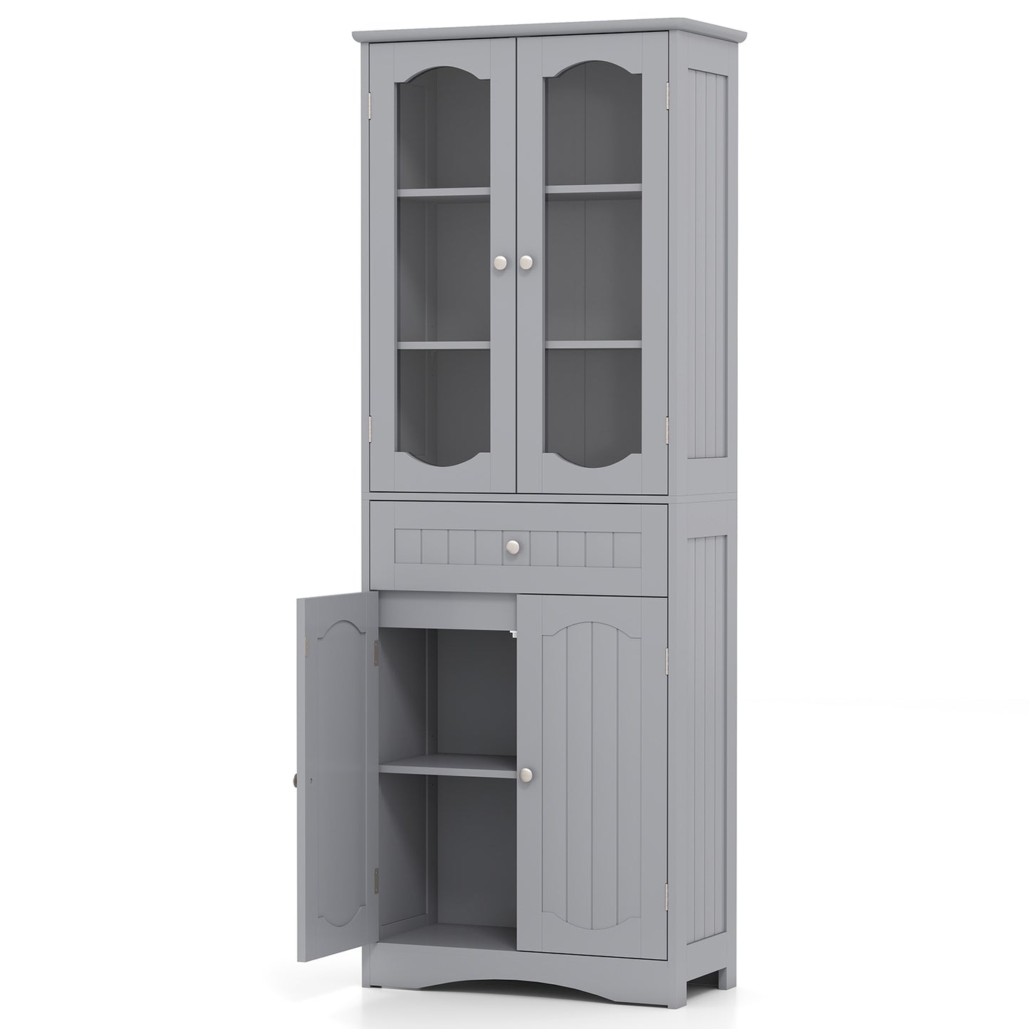 Badkamerkast Hoog – Linnenkast – Opbergkast – Keukenkast – Dressoir – 63 Inch Hoog – 2 Glazen Deuren & 2 Verstelbare Planken – Grijs