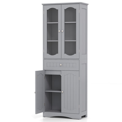 Badkamerkast Hoog – Linnenkast – Opbergkast – Keukenkast – Dressoir – 63 Inch Hoog – 2 Glazen Deuren & 2 Verstelbare Planken – Grijs