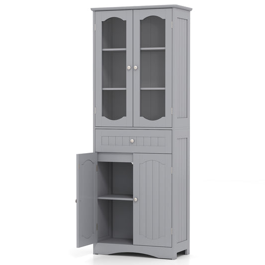 Badkamerkast Hoog – Linnenkast – Opbergkast – Keukenkast – Dressoir – 63 Inch Hoog – 2 Glazen Deuren & 2 Verstelbare Planken – Grijs