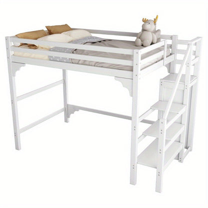 Hoogslaper – High Bed – Stapelbed – Kinderbed – Jeugdbed – 140x200 cm – Wit – Met Lattenbodem en Opbergruimte