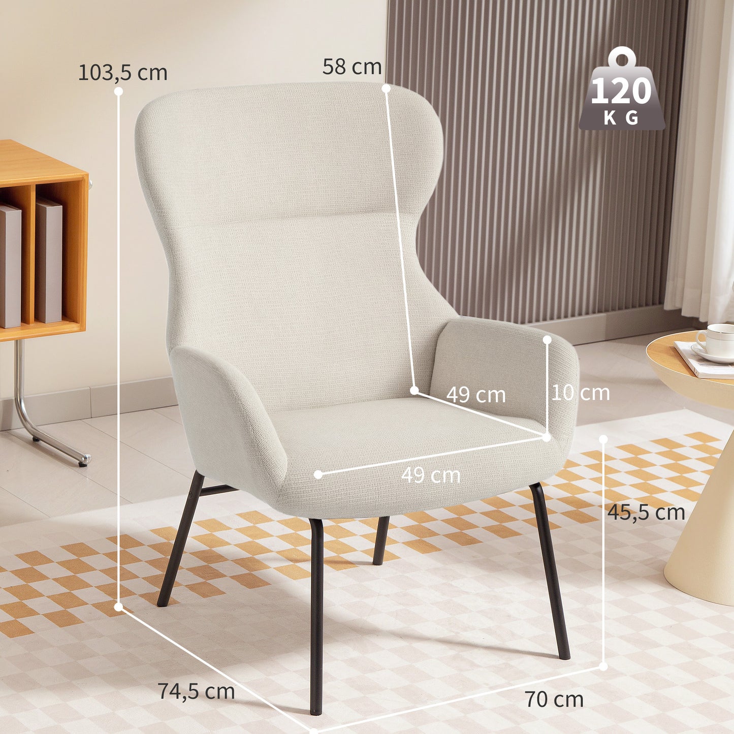 Fauteuil – Lounge Chair – Leunstoel – Wingback Stoel – Creme – Hoge Rugleuning – Stevige Stalen Poten