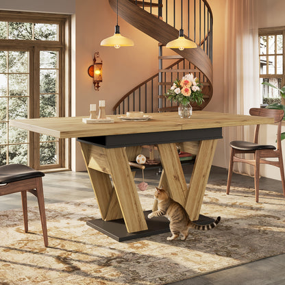 Extendable Dining Table with W-Shaped Legs - Expandable Kitchen Table Suitable for Small Spaces, Pull-Out (119-158.5×80cm), Assembly, Wood Color, Modern Style for Living Room & Dining Room