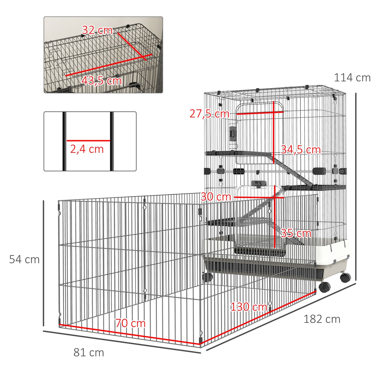 Kooi Kleine Huisdieren – Dierenkooi – Rattenkooi – Knaagdierkooi – Konijnenkooi – Drie Verdiepingen Met Ramps – Uitneembare Metalen Onderplaat – Zwart – 182x81x114 cm – Stevig Metaal