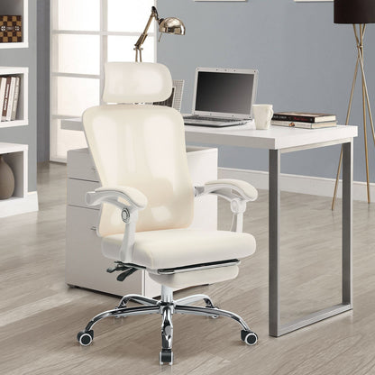 Ergonomische Bureaustoel – Kantoorstoel – Desk Chair – Werkstoel – Computestoel – Met Voetsteun – Verstelbare Lendensteun – 360° Draaibaar – Beige Mesh