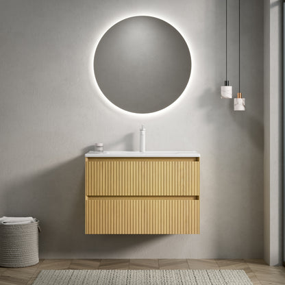 Badkamermeubel – Wastafelmeubel – Badkamerkast – Wastafel – Keramische Wastafel – 75 cm – Hangend Design – Soft-Close Lades – Eikenhout – Compact & Ruimtelijk