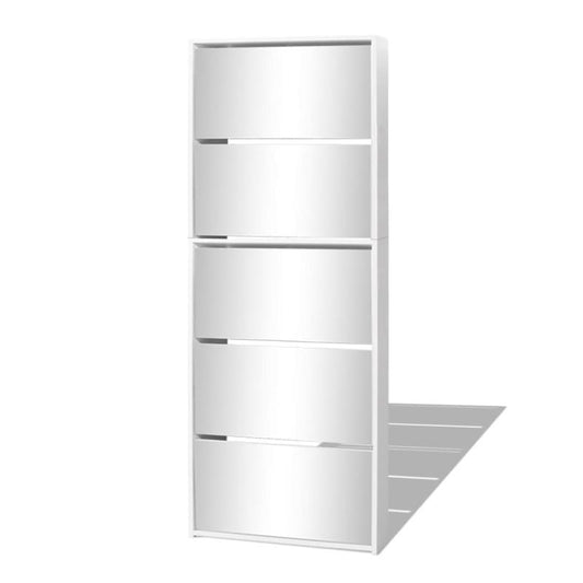 Shoe Cabinet with 5 Compartments - Mirror - White - 63X17X169.5 Cm - Engineered Wood - Full Mirror Side Mounting - Adjustable Shelves - Dust-Proof Compartments