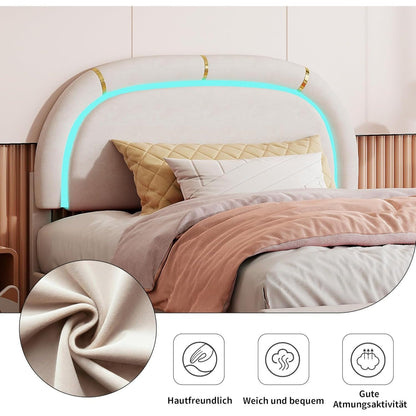 Upholstered Bed 140x200, Double Bed with Semi-Round Headboard, Adjustable Headboard, Storage Bed with 2 Drawers, Bed with Slatted Base, Single Bed, Beige