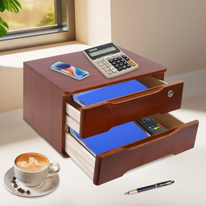 2-Tier Locking with Lock - Heavy-Duty Tung Wood, Walnut-Finish Desktop Organizer with 2 Drawers & Top Shelf for Home Office, Study, or Living Room - Locking Mechanism, Space-Saving Design, Ideal Gift for Organizing Documents,