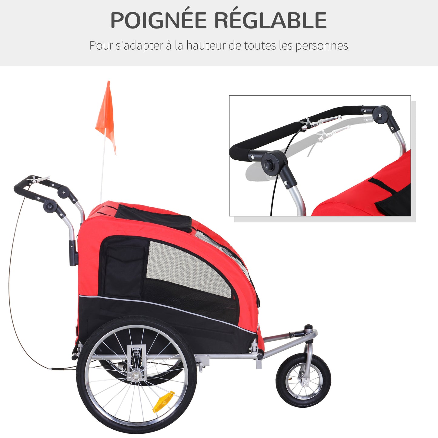 Fietskar Huisdieren – Hondenfietskar – Fietsaanhanger – Jogger – Hondenbuggy – 2-in-1 Ontwerp – Waterafstotend 600D Oxford – 360° Draaibaar Voorwiel – Veiligheidsharnas – Reflectoren – Rood/Zwart
