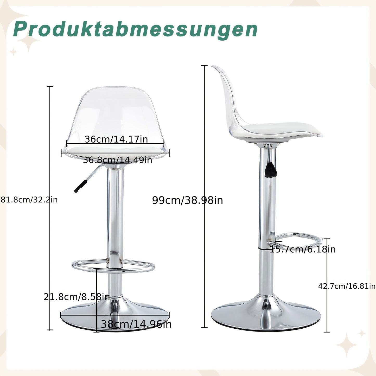 Barkrukken – Barstoelen – Krukken – Stoelen – 2-delige Set – 360° Draaibaar – Verstelbare Hoogte 81,8-99 cm – Transparante Rugleuning – Metalen Poten