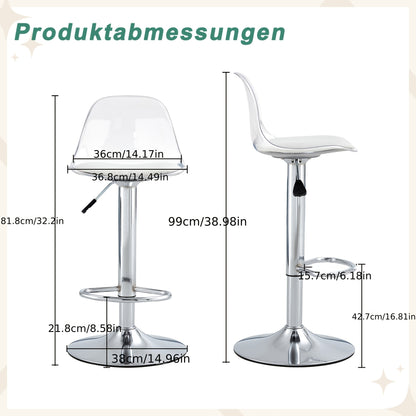 Barkrukken – Barstoelen – Krukken – Stoelen – 2-delige Set – 360° Draaibaar – Verstelbare Hoogte 81,8-99 cm – Transparante Rugleuning – Metalen Poten