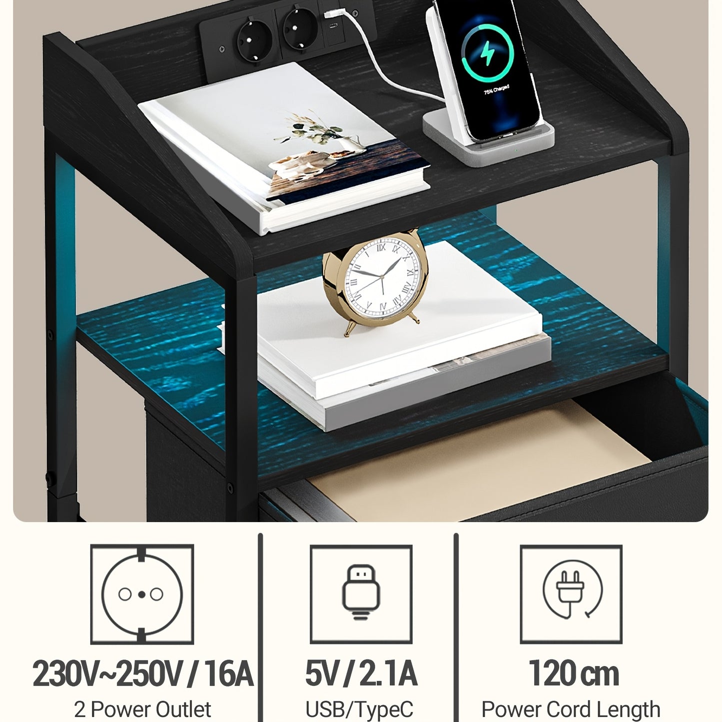 Nachtkastje – Bijzettafel – Bedkastje – Slaapkamerkastje – Opbergmeubel – Met LED-verlichting – USB Oplaadstation – Zwart/Wit – 2 Lades – Met Stopcontacten