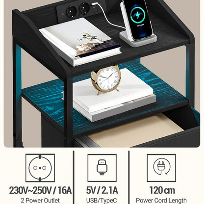 Nachtkastje – Bijzettafel – Bedkastje – Slaapkamerkastje – Opbergmeubel – Met LED-verlichting – USB Oplaadstation – Zwart/Wit – 2 Lades – Met Stopcontacten