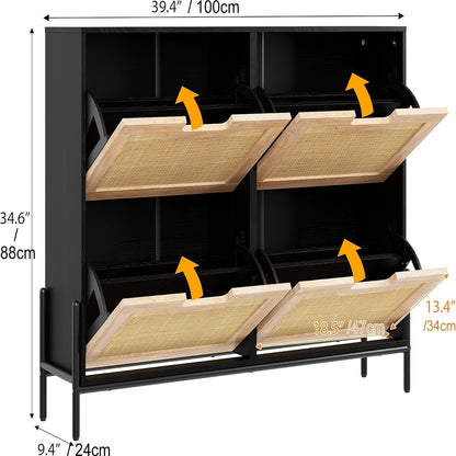Smalle Schoenenkast – Schoenenrek – Schoenopberger – Schoenentoren – Schoenensysteem – Rattan Materiaal – Verstelbare Compartimenten – 100x24x88 cm – Zwart