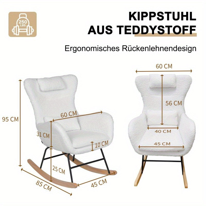 Schommelstoel – Relaxstoel – Fauteuil – Voedingsstoel – Loungestoel – Ergonomisch Design – Memory Foam Zitting – Hoge Rugleuning – Teddy Stof – Massief Houten Frame – Handmatig Schommelmechanisme – Grijs