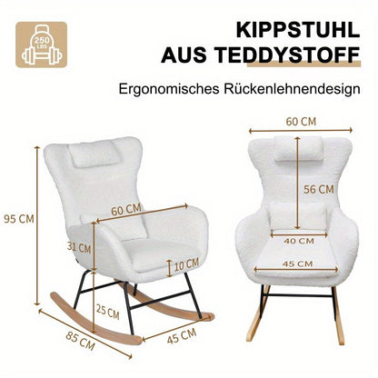 Schommelstoel – Relaxstoel – Fauteuil – Voedingsstoel – Loungestoel – Ergonomisch Design – Memory Foam Zitting – Hoge Rugleuning – Teddy Stof – Massief Houten Frame – Handmatig Schommelmechanisme – Grijs