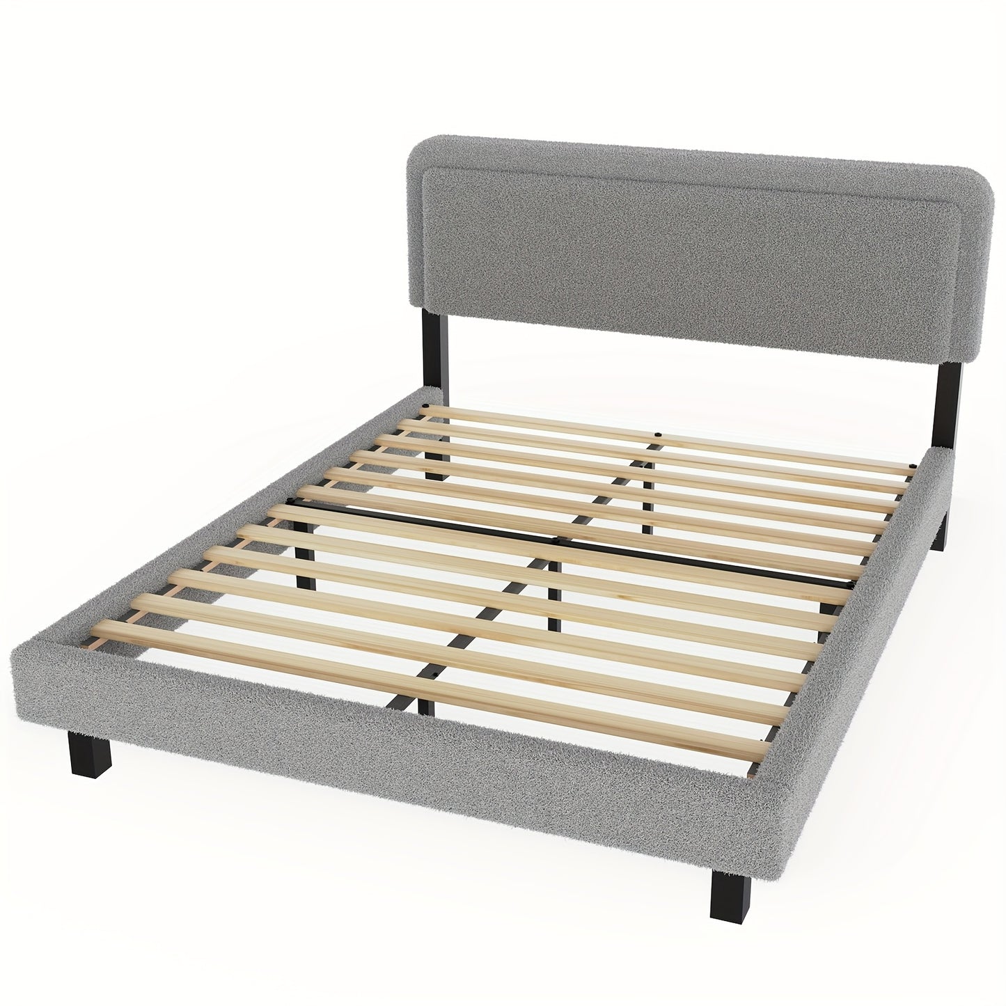 Modern Gestoffeerd Tweepersoonsbed met Pluche Grijs Lamshuid Hoofdeinde – Houten Lattenbodem, Eenvoudige Montage, Boxspring Niet Nodig – 90x200 / 140x200 / 160x200 cm