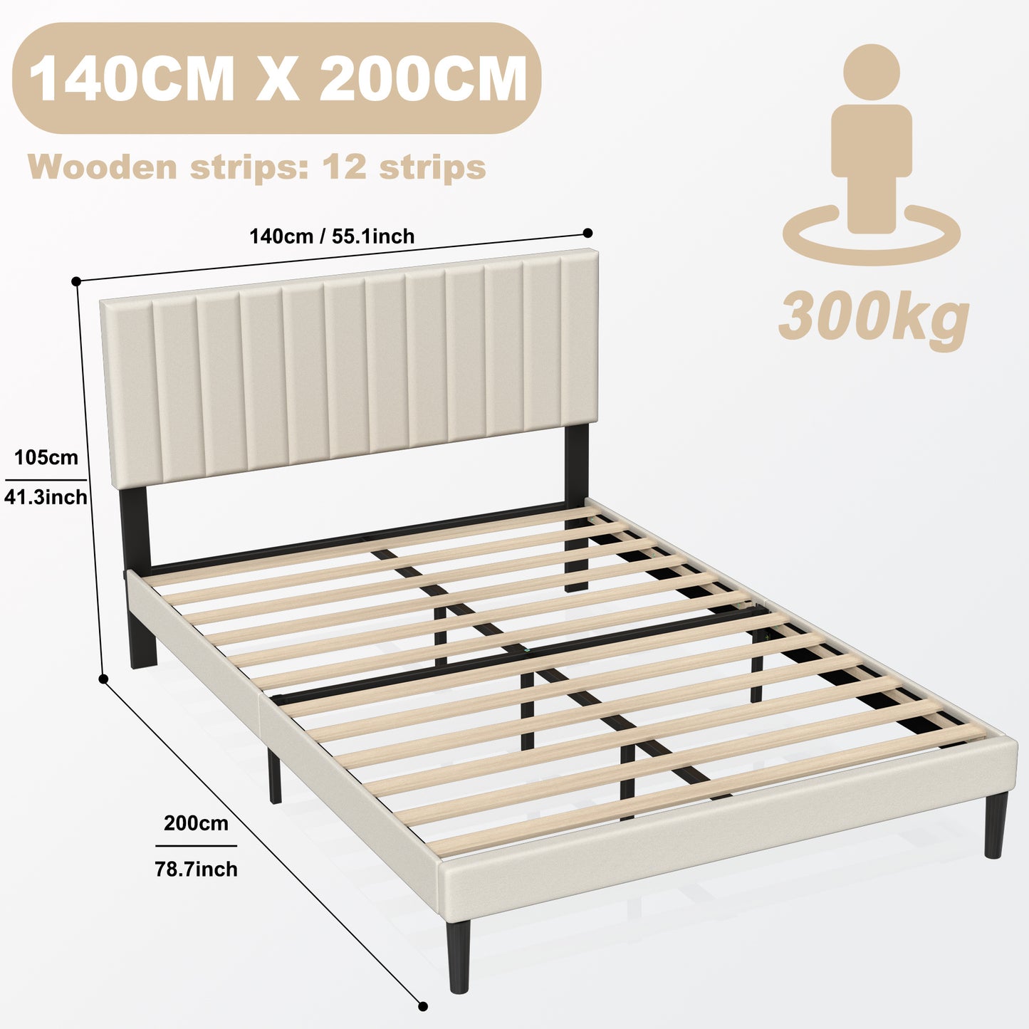 Bed Frame Guest Bed Metal Bed with Flannel Headboard & 12 Slatted Frame & Sponge Edging Modern Bed Frame Maximum Load Capacity 300 KG, for Bedroom Guest Room