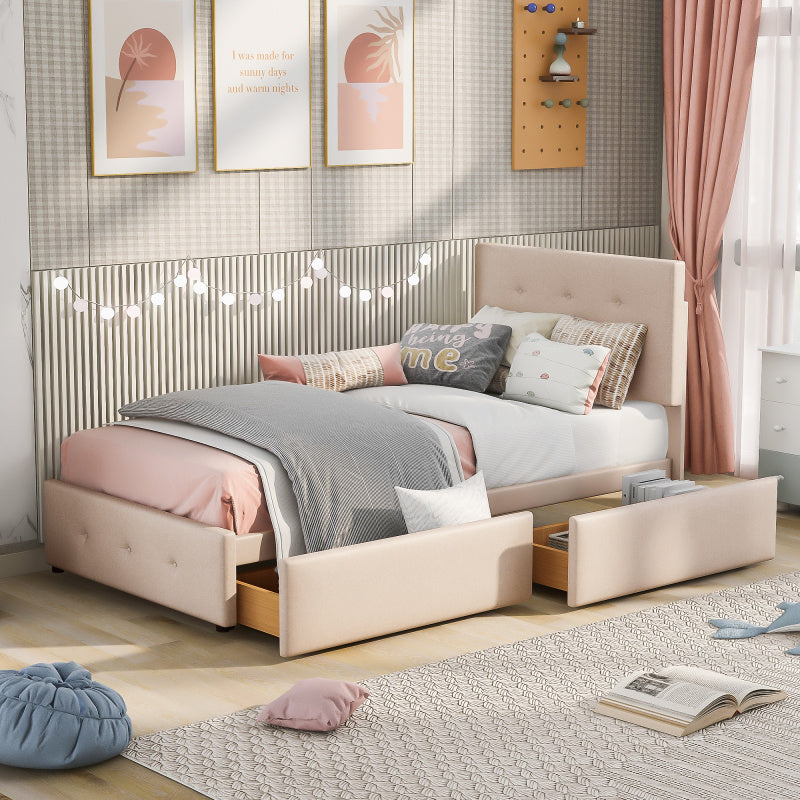 Bedbank – Slaapbank – Logeerbed – Eenpersoonsbed – Bedframe – Licht Beige Fluwelen Bekleding – Inclusief Lattenbodem en 2 Opberglades