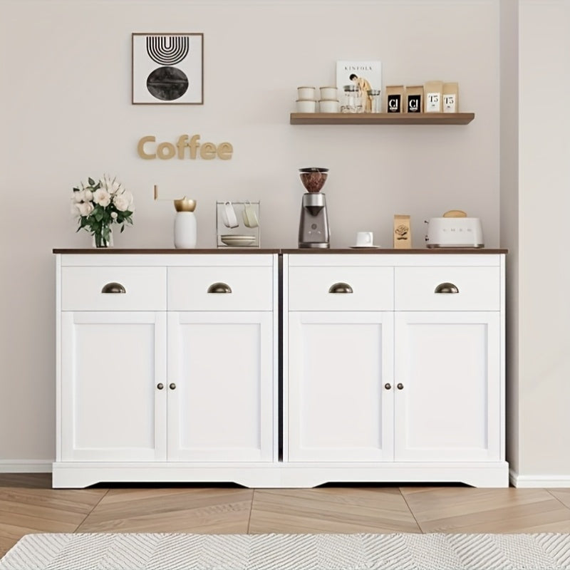 Farmhouse White Buffet Cabinet with Storage, Kitchen Sideboard with 2 Doors and 2 Drawers, Wooden Coffee Bar Cabinet with Shelves for Dining Room, Living Room, Storage Drawer Units