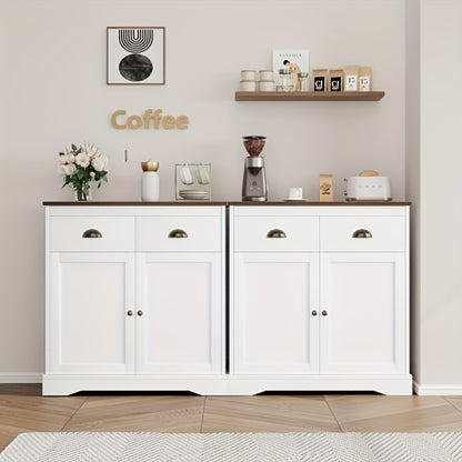 Farmhouse White Buffet Cabinet with Storage, Kitchen Sideboard with 2 Doors and 2 Drawers, Wooden Coffee Bar Cabinet with Shelves for Dining Room, Living Room, Storage Drawer Units
